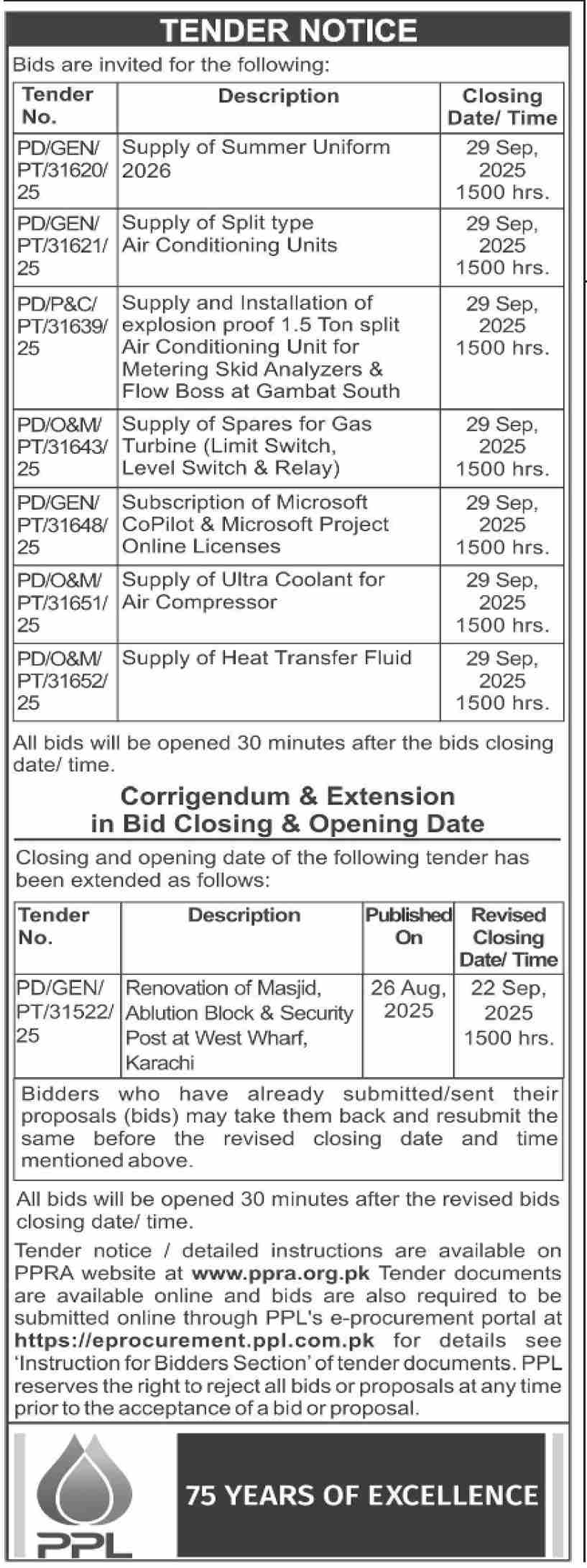 PPL Tender Notice